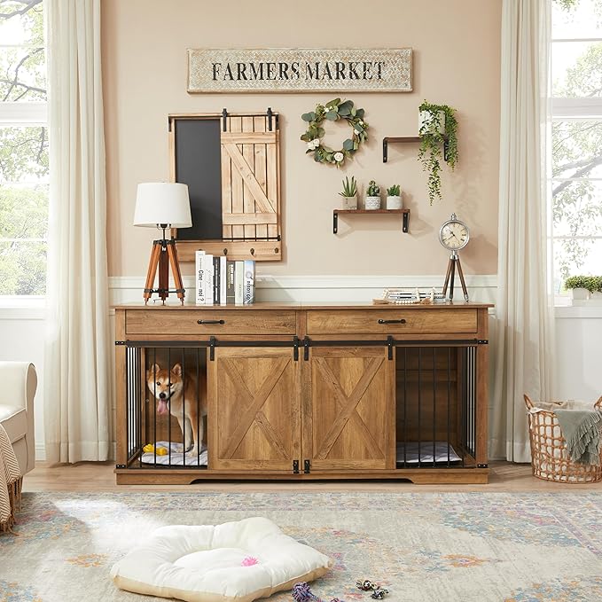 72.5" Extra Large Furniture Style Double Dog Crates for Large Breeds, XXL Wooden Dog Kennel Furniture with Drawers, Divider, Water Resistant &amp; Barn Door for 2 Dogs, Rustic Oak
