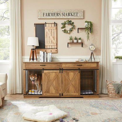 72.5" Extra Large Furniture Style Double Dog Crates for Large Breeds, XXL Wooden Dog Kennel Furniture with Drawers, Divider, Water Resistant &amp; Barn Door for 2 Dogs, Rustic Oak