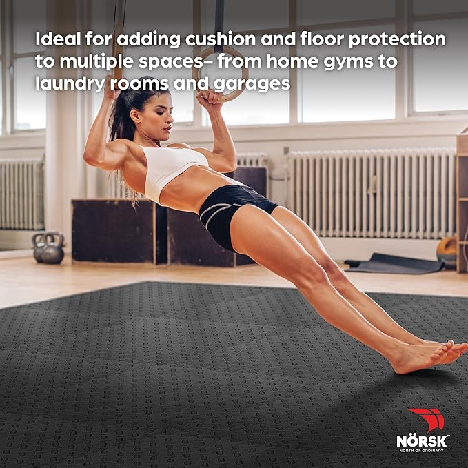 Norsk Foam Floor Gym Mats with Interlocking Tiles, .47" Thick, 24"x24",6-Pack, 24 Square Feet, Diamond Plate Design, Black