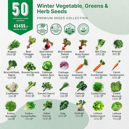 50 Winter Vegetable Garden Seeds Variety Pack - 43,450+ Non-GMO Heirloom Seeds for Outdoors &amp; Indoor Home Gardening, Including Kohlrabi, Lettuce, Radish, Onion, Choy, Spinach, Cauliflower, Collards