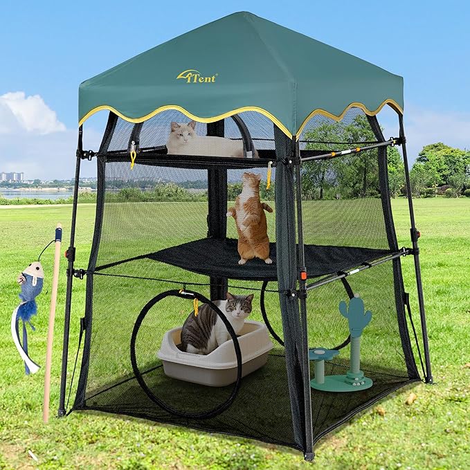 Extra Large Catio Outdoor Cat Enclosure,3 Tier Cat Tower Tent Weatherproof &amp; Sunproof with 3 Doors, Foladable and Portable for Patio, Deck,Camping, Indoor &amp; Outdoor(Patented)-Wave Shade