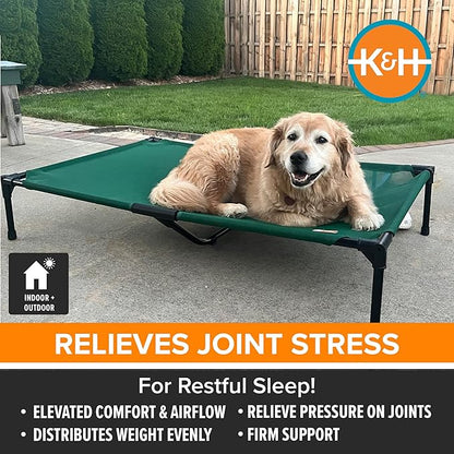 K&amp;H Pet Products Outdoor Elevated Dog Cot, Cooling Raised Bed with Waterproof Breathable Mesh for Medium Dogs, Portable Place Bed with Heavy-Duty Metal Frame &amp; Hammock Style Cover - Medium Green
