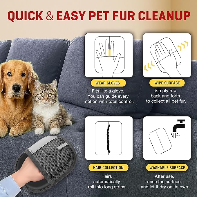 Pet Hair Remover Gloves for Cats &amp; Dogs, Electrostatic Pet Hair Removal Gloves Brush for Pets Hair, Upgraded Animal Fur Removal Tool, Reusable Cats &amp; Dogs Grooming Gloves for Hair Removal (2)