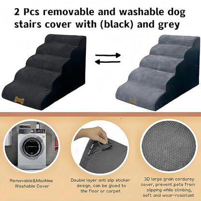 Dog Stairs &amp; Pet Ramp for Small/Large Dogs to High Beds/Couches - 5 Steps 24-inch Height for 18-30 inch Furniture, 2 Washable Covers (Black, Grey), Non-Slip Balanced 33D Design for Old Dogs &amp; Cats