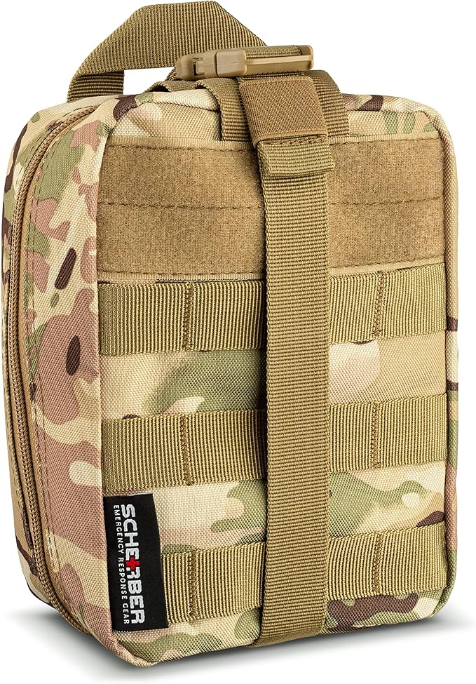 Scherber Premium IFAK Kit Trauma Pack Fully Stocked MOLLE Pouch w/CAT Tourniquet, HyFin Vent Chest Seal, &amp; Israeli Bandage Trauma Kit for Emergency, Gunshot, Bleeding, &amp; Major Wound Care (Camouflage)