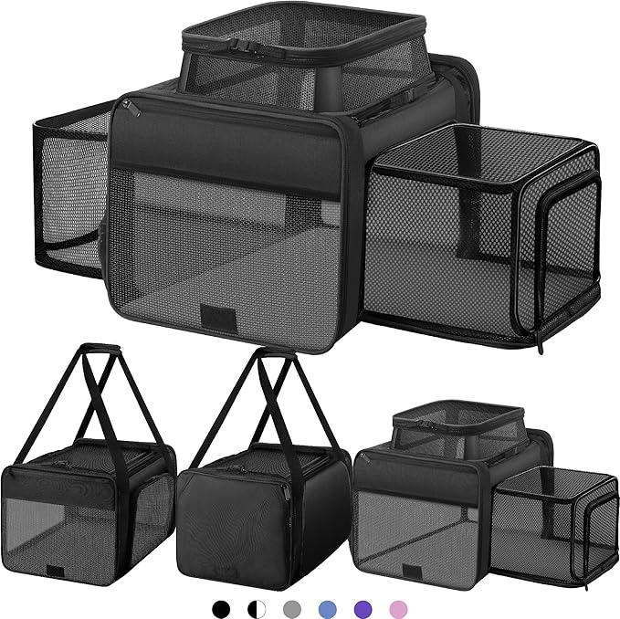 Top and 2 Sides Expandable Cat Carrier 17x11x11, TSA Airline Approved Dog Carriers for Medium Dogs, Soft-Sided Pet Carrier with Self-Locking Zippers for Kitten,Rabbit, Puppy, Guinea Pig Black