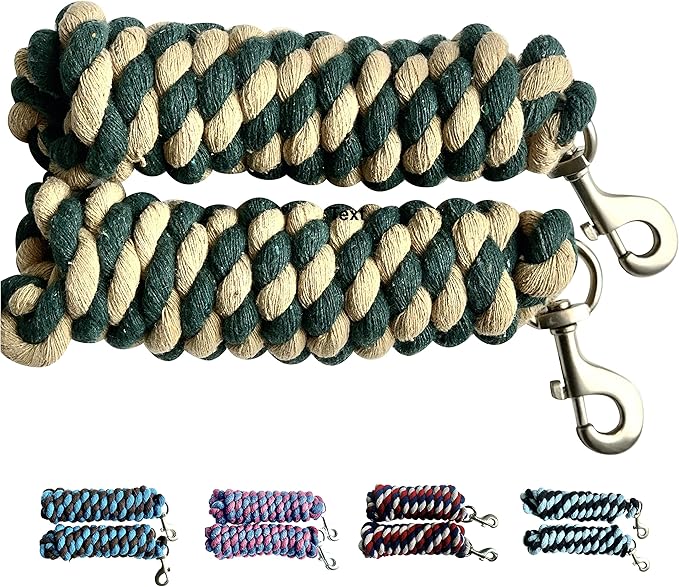 Majestic Ally Pack of 2 Solid Cotton Lead Rope for Horses &amp; Livestock – 10 Foot Long and 5/8 inch Thick - Replaceable Heavy-Duty Satin Bolt Snap – Handmade – Soft, Broken in Feel (Hunter Green -Tan)