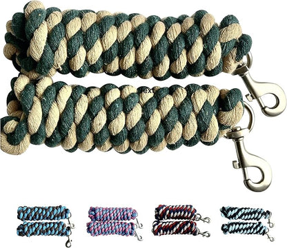 Majestic Ally Pack of 2 Solid Cotton Lead Rope for Horses &amp; Livestock – 10 Foot Long and 5/8 inch Thick - Replaceable Heavy-Duty Satin Bolt Snap – Handmade – Soft, Broken in Feel (Hunter Green -Tan)