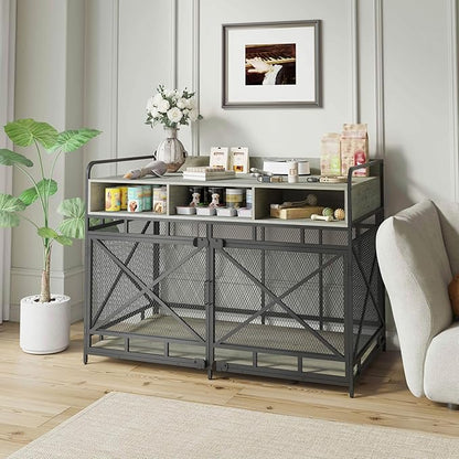 Dog Crate Furniture, 48" Heavy Duty Wooden Dog Crate End Table, XL Dog Kennel Furniture Large Breed, Decorative Dog Kennel Indoor with 3 Drawers &amp; Steel Tubes 48" L x28 W x36 H (Grey)