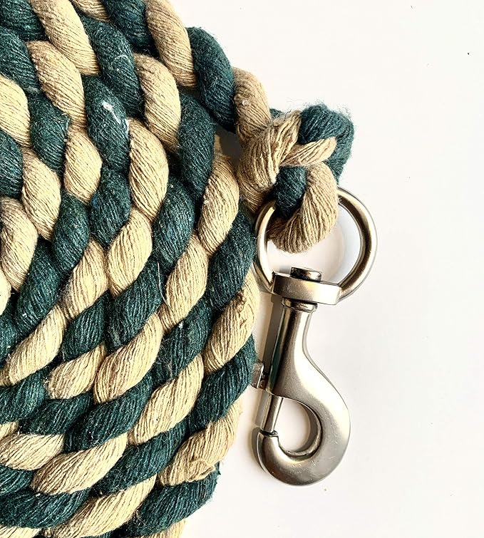 Majestic Ally Pack of 2 Solid Cotton Lead Rope for Horses &amp; Livestock – 10 Foot Long and 5/8 inch Thick - Replaceable Heavy-Duty Satin Bolt Snap – Handmade – Soft, Broken in Feel (Hunter Green -Tan)
