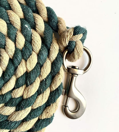Majestic Ally Pack of 2 Solid Cotton Lead Rope for Horses &amp; Livestock – 10 Foot Long and 5/8 inch Thick - Replaceable Heavy-Duty Satin Bolt Snap – Handmade – Soft, Broken in Feel (Hunter Green -Tan)