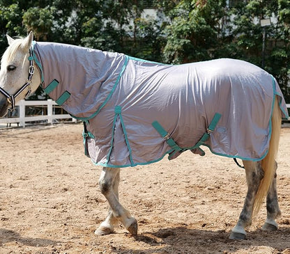 Horse Fly Sheet with Detachable Neck Cover &amp; Belly Wrap, Adjustable Fly Sheet for Horses, Ventilated Airflow Mesh Equine Cooling Summer Flysheet Grey 81