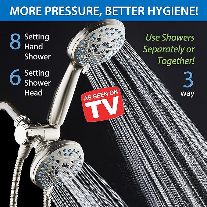 Hotel Spa AquaCare As-Seen-On-TV High Pressure 48-setting Rain &amp; Handheld 3-way Shower Head Combo - Anti-clog Nozzles/Tub, Tile &amp; Pet Power Wash/Extra Long 6 ft. Hose/Satin Nickel Finish
