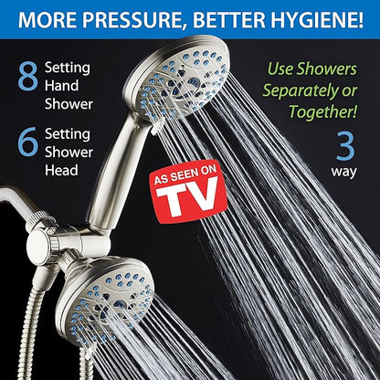 Hotel Spa AquaCare As-Seen-On-TV High Pressure 48-setting Rain &amp; Handheld 3-way Shower Head Combo - Anti-clog Nozzles/Tub, Tile &amp; Pet Power Wash/Extra Long 6 ft. Hose/All Chrome Finish