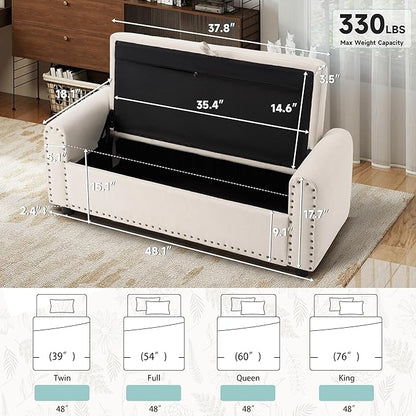 Ottoman with Storage, Tufted Storage Bench for Bedroom, 48" Fabrics End of Bed Bench, Upholstered Entryway Shoe Benches with Rolled Arm &amp; Inner Zipper, Window Ottomans Chest with Rivets, Beige