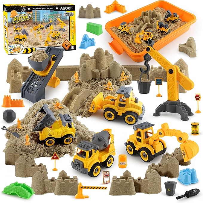 Asoxt 43-Piece Construction Sensory Playset – 2 lbs Play Sand, 4 DIY Trucks, Crane &amp; Road Signs – Creative Sandbox Toy for Kids Ages 3+