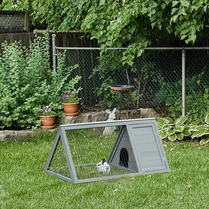PawHut 46" x 24" Wooden A-Frame Outdoor Rabbit Hutch, Small Animal Cage, Bunny Hutch with Outside Run &amp; Ventilating Wire, Gray