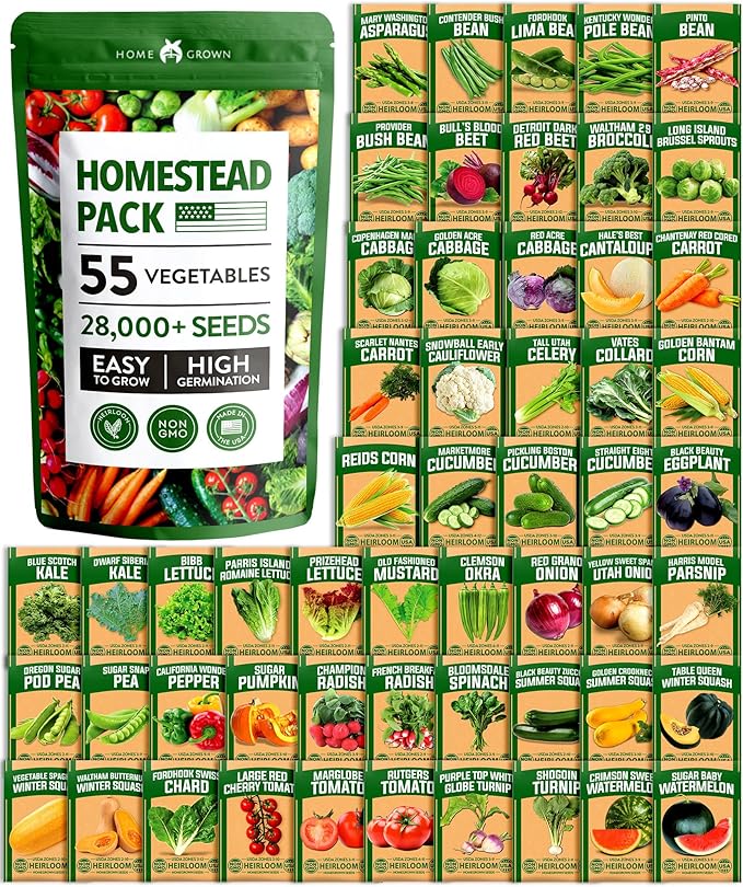 HOME GROWN 𝗨𝗦𝗔 𝗣𝗥𝗘𝗠𝗜𝗨𝗠 55 Vegetable Seeds Pack 28,000+ Non-GMO Heirloom Seeds for Planting, Spring Fall Winter Garden Kit, Survival Seed Vault for Preppers &amp; Gardeners, Gift for Men &amp; Women