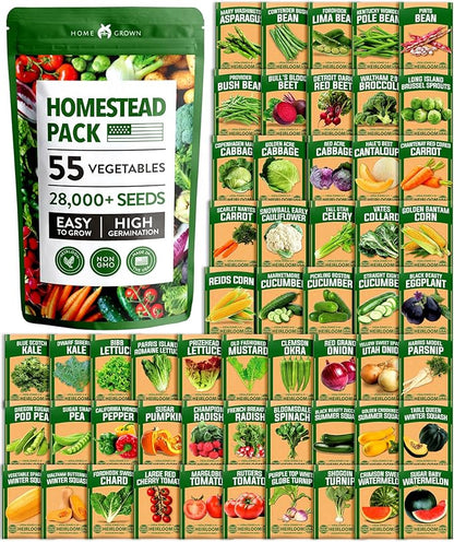 HOME GROWN 𝗨𝗦𝗔 𝗣𝗥𝗘𝗠𝗜𝗨𝗠 55 Vegetable Seeds Pack 28,000+ Non-GMO Heirloom Seeds for Planting, Spring Fall Winter Garden Kit, Survival Seed Vault for Preppers &amp; Gardeners, Gift for Men &amp; Women