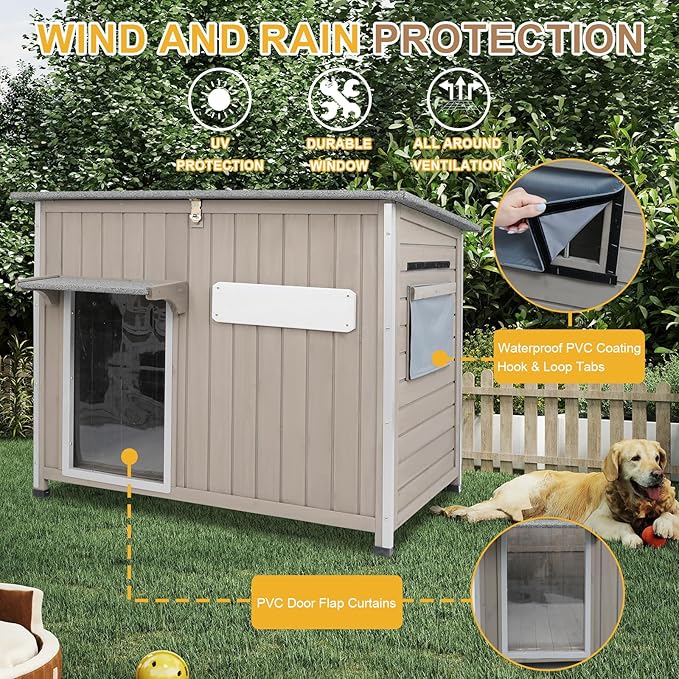 Weatherproof Outdoor Dog House, Wooden Puppy Shelter with Anti-Chewing Iron Frame and Elevated Floor, Sturdy Dog Kennel for Small, Medium &amp; Large Dogs, Grey (Gray, 40" L x 26" W x 31" H)
