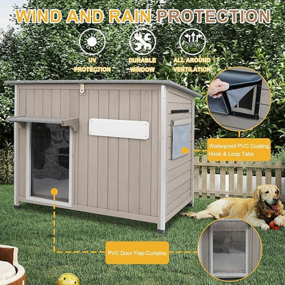 Weatherproof Outdoor Dog House, Wooden Puppy Shelter with Anti-Chewing Iron Frame and Elevated Floor, Sturdy Dog Kennel for Small, Medium &amp; Large Dogs, Grey (Gray, 40" L x 26" W x 31" H)