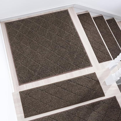 COSY HOMEER Edging Stair Treads Non-Slip Corner Indoor Stair Runners for Wooden Steps,Landing Slip Resistant Stair Rugs Mat for Kids and Dogs,100% Polyester TPE Backing,Brown,30x30 inch