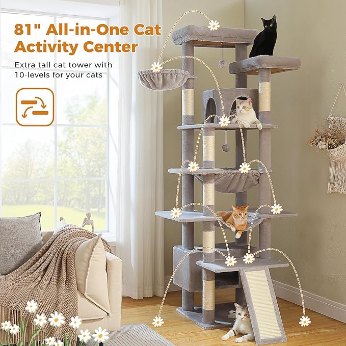 81 Inches Tall Cat Tree for Indoor Cats Large Adult - Heavy Duty Multi-Level Cat Tower with Large Metal Frame Hammock, Scratching Pad, 2 Top Perches, 2 Cozy Condos &amp; 6 Scratching Posts - Gray