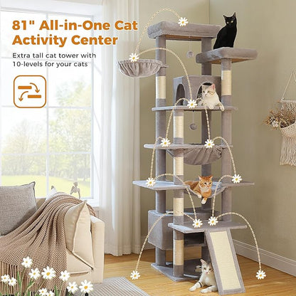 81 Inches Tall Cat Tree for Indoor Cats Large Adult - Heavy Duty Multi-Level Cat Tower with Large Metal Frame Hammock, Scratching Pad, 2 Top Perches, 2 Cozy Condos &amp; 6 Scratching Posts - Gray
