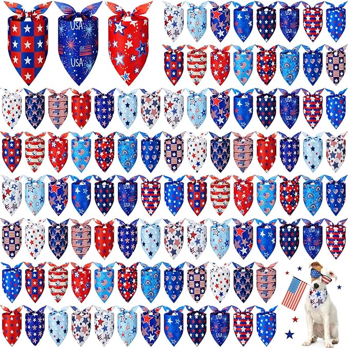 Preboun 100 Pcs Patriotic Dog Bandanas Bulk Labor Day Bandanas for Dogs Triangle Kerchief Scarf Set for Puppy Small Medium Large Workers&