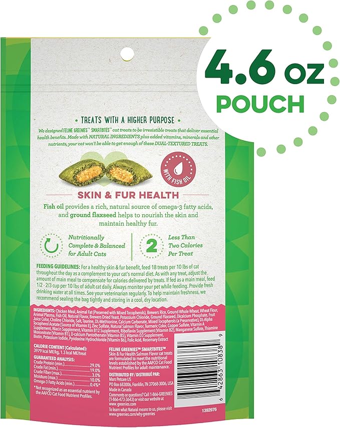 Greenies Feline Smartbites Skin &amp; Fur Crunchy and Soft Natural Cat Treats, Salmon Flavor, 4.6 oz. Pack (Pack of 2)