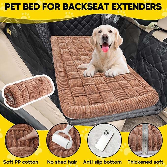 Dog Car Bed Mat, Non-Slip Backseat Extender Pet Blanket, Plaid Dog Bed for SUVs, Sedans &amp; Trucks, Chew-Resistant Travel Pad for Dogs, Easy Clean &amp; Scratch-Proof &amp; Comfort (50"x24.6") Brown