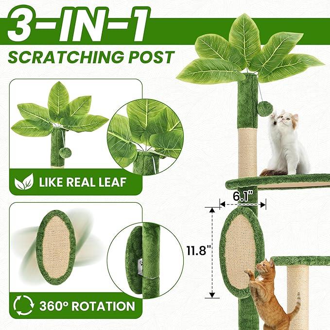 55 Inch Large Cat Tree Tower for Indoor Cats with Hammock Green Leaves Sisal Scratching Post, Plush Hang Ball Play Furniture for Kittens &amp; Adult Cats,New Green