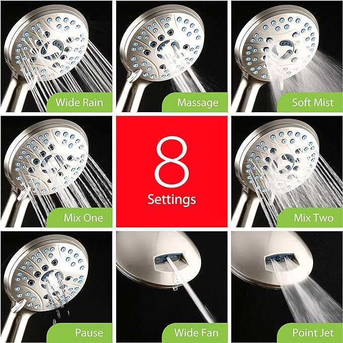 Hotel Spa AquaCare High Pressure 8-mode Handheld Shower Head, Anti-clog Nozzles, Built-in Power Wash to Clean Tub, Tile &amp; Pets, Extra Long 6 ft. Stainless Steel Hose, Wall &amp; Overhead Brackets