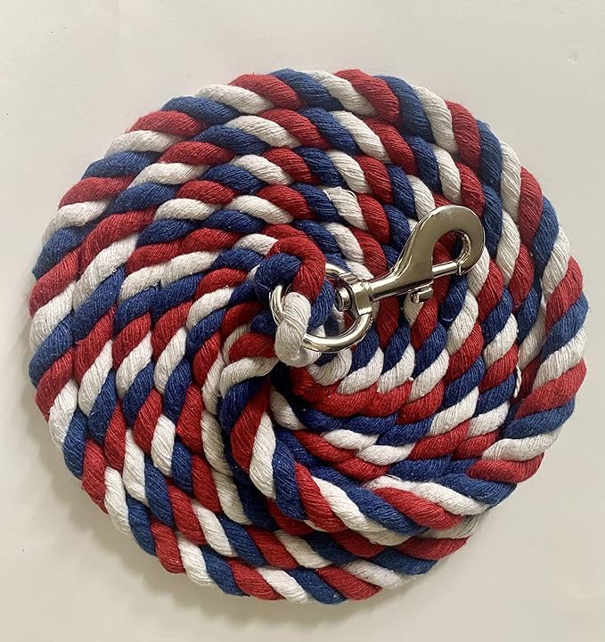 Majestic Ally Pack of 2 Solid Cotton Lead Rope for Horses &amp; Livestock – 10 Foot Long and 5/8 inch Thick - Replaceable Heavy-Duty Satin Bolt Snap – Handmade – Soft, Broken in Feel (Patriotic)