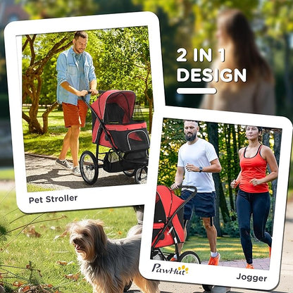 PawHut 3 Wheels Pet Stroller for Small and Medium Dogs, Foldable Cat Stroller Jogger with Adjustable Canopy, Safety Tether, Cushion, Storage Basket, Red