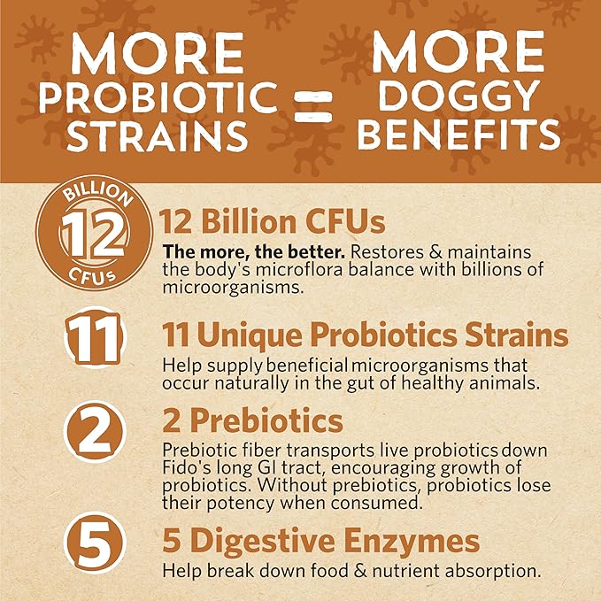 Fidobiotics Good Guts for Big Mutts Probiotic for Dogs, 12 Billion CFUs, 11 Strains, 5 Digestive Enzymes, 2 Prebiotics, Digestive Gut Health for Dogs, Adult &amp; Puppy Probiotics Supplements (20 Days)