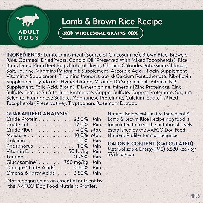 Natural Balance Limited Ingredient Adult Dry Dog Food with Healthy Grains, Lamb &amp; Brown Rice Recipe, 24 Pound (Pack of 1)