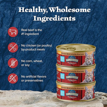 Blue Buffalo Wilderness Rocky Mountain Recipe Flaked Wet Cat Food, Chicken-Free &amp; Grain-Free Recipe, Made with Natural Ingredients, Red Meat in Tasty Gravy, 5.5-oz. Cans (24 Count)