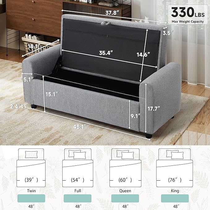 Ottoman with Storage, Tufted Storage Bench for Bedroom, 48" Fabrics End of Bed Bench, Upholstered Entryway Shoe Benches with Rolled Arm &amp; Inner Zipper, Window Ottomans Chest without Rivets, Dark Grey