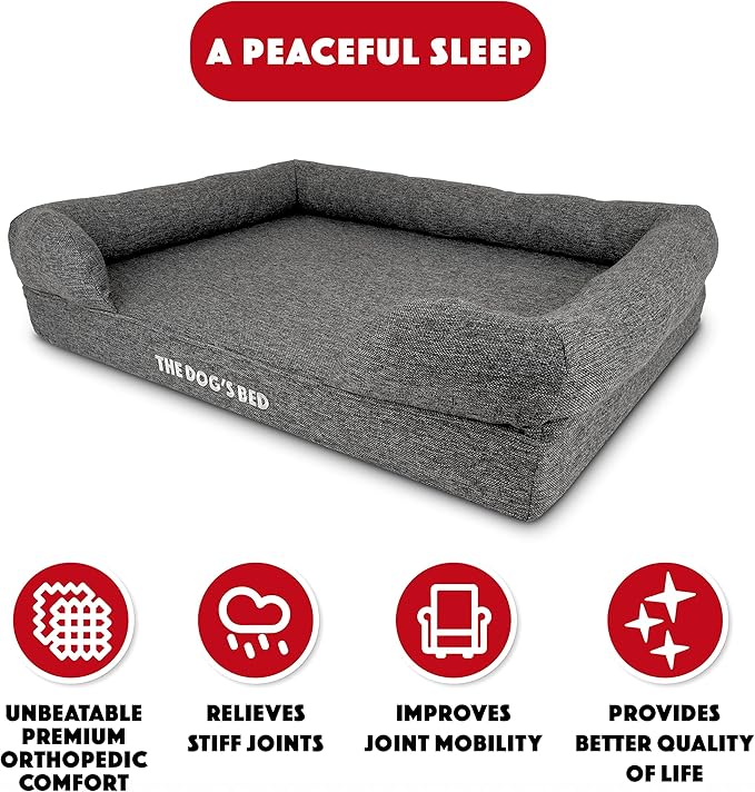 The Dog’s Bed, Large Grey Linen 36x27, Memory Foam, Pain Relief: Arthritis, Hip &amp; Elbow Dysplasia, Post Surgery, Lameness, Supportive, Calming, Waterproof Washable Cover, Veterinary Approved