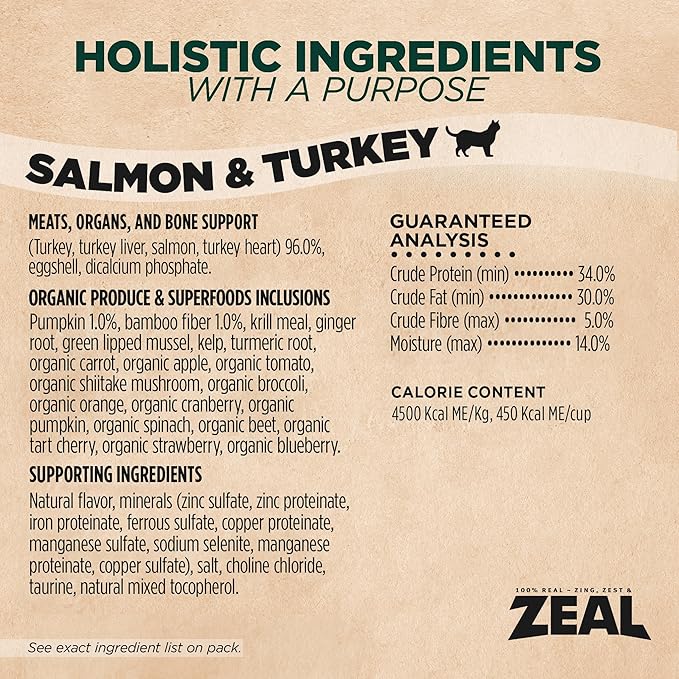 ZEAL Canada Air-Dried Salmon &amp; Turkey Recipe for Cats - Superfood Omega-3 Rich, Dual-Protein, Grain Free, No Fillers, Complete Nutrition (Salmon &amp; Turkey, 14.1 oz)