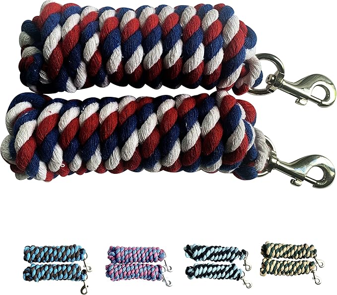 Majestic Ally Pack of 2 Solid Cotton Lead Rope for Horses &amp; Livestock – 10 Foot Long and 5/8 inch Thick - Replaceable Heavy-Duty Satin Bolt Snap – Handmade – Soft, Broken in Feel (Patriotic)