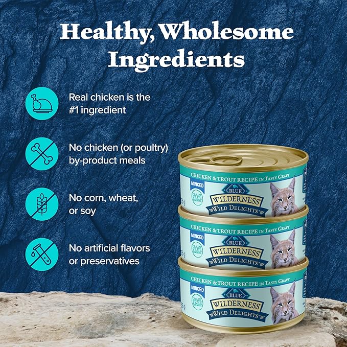 Blue Buffalo Wilderness Wild Delights Minced Wet Cat Food, High-Protein &amp; Grain-Free, Made with Natural Ingredients, Chicken &amp; Trout Recipe in Tasty Gravy, 5.5-oz. Cans (24 Count)