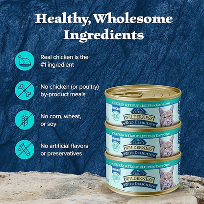 Blue Buffalo Wilderness Wild Delights Minced Wet Cat Food, High-Protein &amp; Grain-Free, Made with Natural Ingredients, Chicken &amp; Trout Recipe in Tasty Gravy, 5.5-oz. Cans (24 Count)