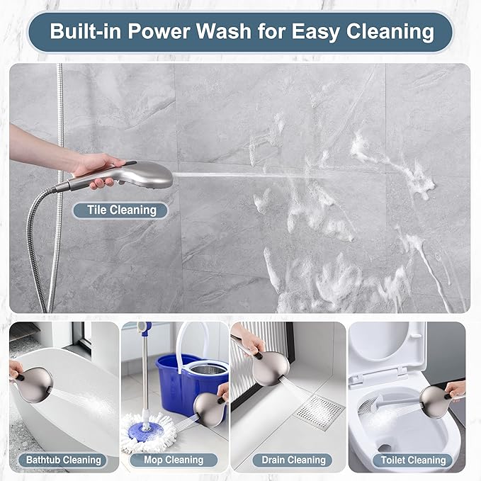 BRIGHT SHOWERS High Pressure Shower Head with Handheld, 9 Spray Settings Showerhead Built in Power Wash to Clean Tub and Pets, Extra Long 69" Hose, Adjustable Bracket, Brushed Nickel