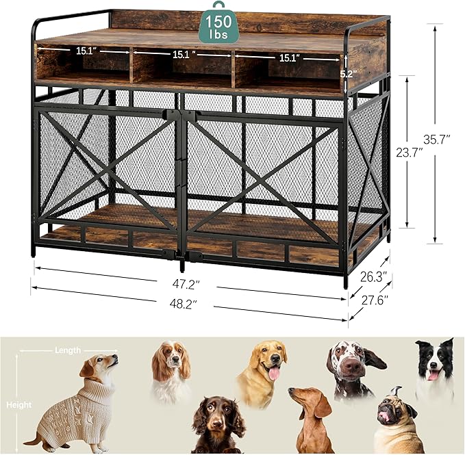 Dog Crate Furniture, 48" Heavy Duty Wooden Dog Crate End Table, XL Dog Kennel Furniture Large Breed, Decorative Dog Kenne Indoor with 3 Drawers &amp; Steel Tubes 48" L x28 W x36 H (Rustic Brown)