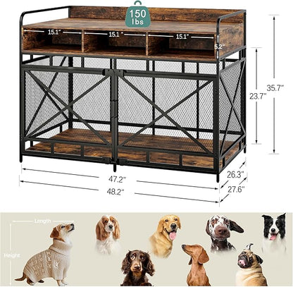 Dog Crate Furniture, 48" Heavy Duty Wooden Dog Crate End Table, XL Dog Kennel Furniture Large Breed, Decorative Dog Kenne Indoor with 3 Drawers &amp; Steel Tubes 48" L x28 W x36 H (Rustic Brown)