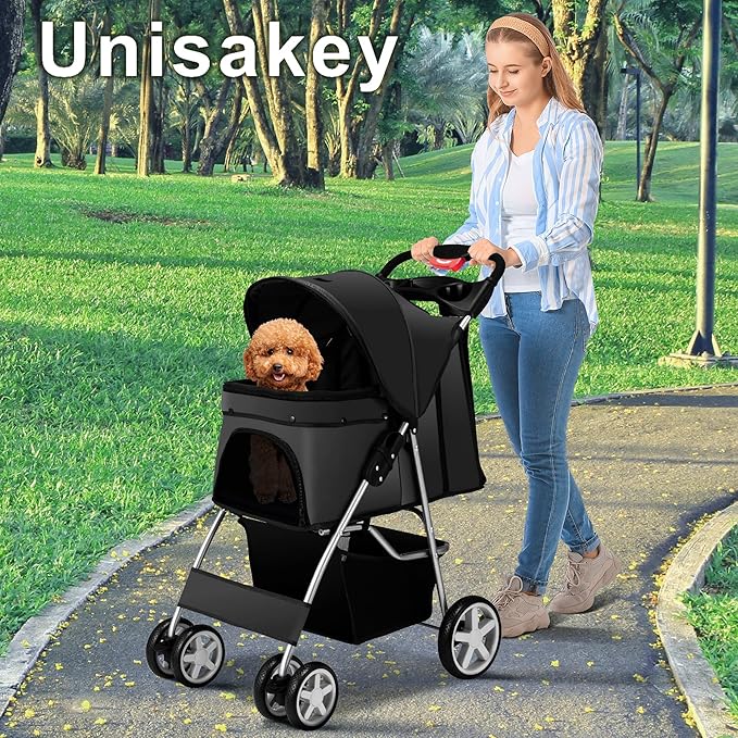 4 Wheels Pet Stroller for Small Medium Dogs Cats 10-33 lbs, Foldable Dog and Cat Stroller with Cup Holder &amp; Storage Basket &amp; Breathable Mesh, Pet Strolling Cart for All-Season, Black