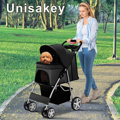 4 Wheels Pet Stroller for Small Medium Dogs Cats 10-33 lbs, Foldable Dog and Cat Stroller with Cup Holder &amp; Storage Basket &amp; Breathable Mesh, Pet Strolling Cart for All-Season, Black