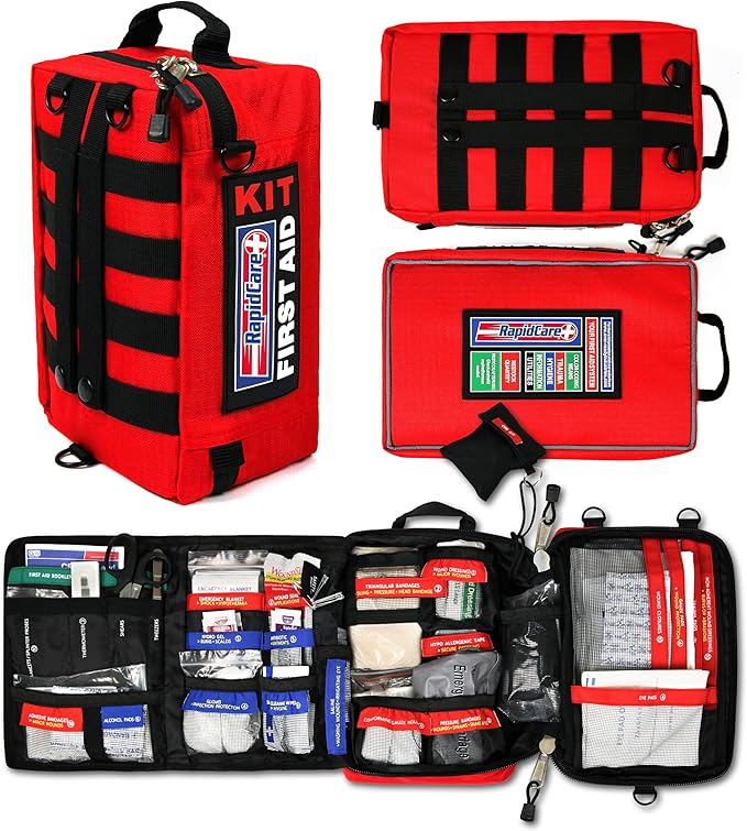 Rapid Care First Aid Kit – 300+ Piece Emergency Medical Kit with Bonus 95-Piece Travel Pack – Outdoor, Workplace, and Home Use – Color Coded &amp; Labeled for Quick Access